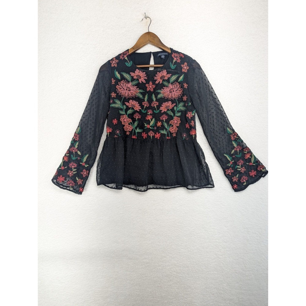 American EagleAEO Women's Embroidered Floral Peplum Blouse Black Pink Size S